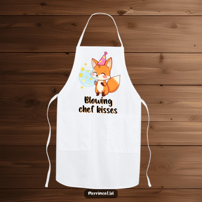 Funny apron showing a happy fox in a party hat blowing a bubble that pops into stars, ideal for festive cooking.