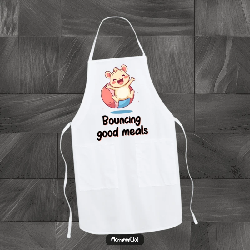 Funny Apron: A merry critter enthusiastically bounces a giant, colorful ball. A fun and funny gift for chefs.