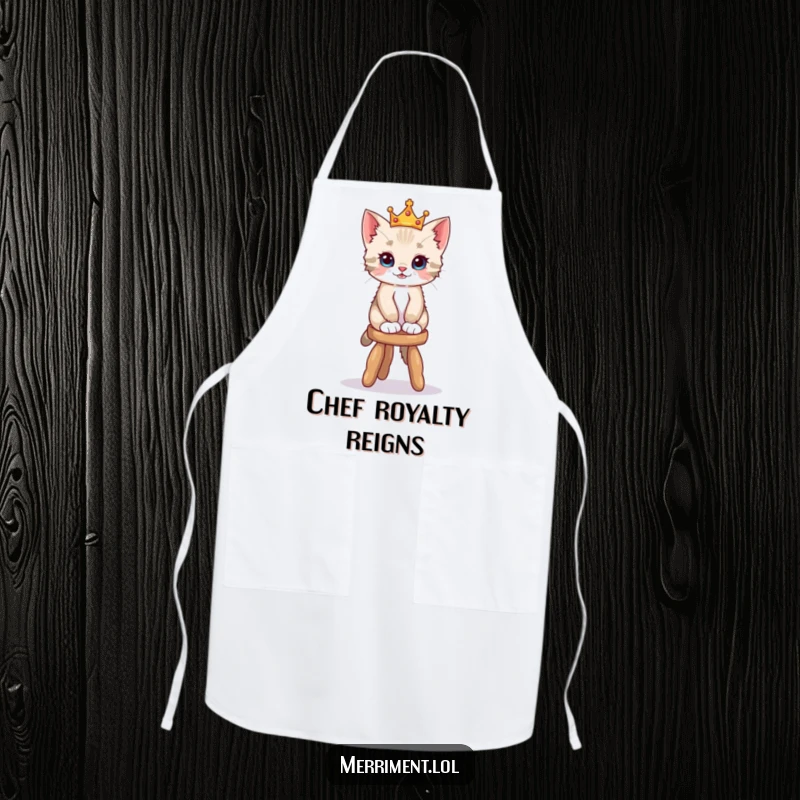 Funny apron depicting a playful kitten wearing a tiny crown, balancing on a wobbly stool, ideal for kitchen fun.