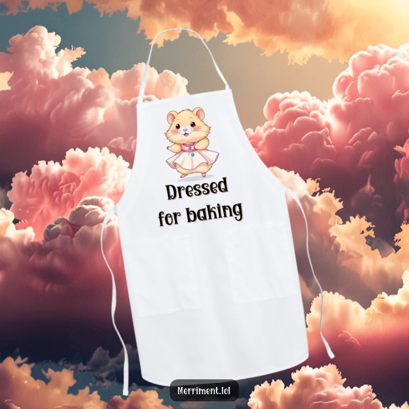 Funny hamster wearing a tiny party dress and twirling happily, a comical and practical apron for kitchen fun.