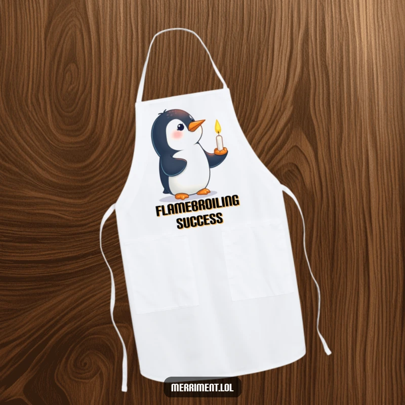 Funny apron with a curious penguin balancing a tiny, lit candle on its beak while cooking.
