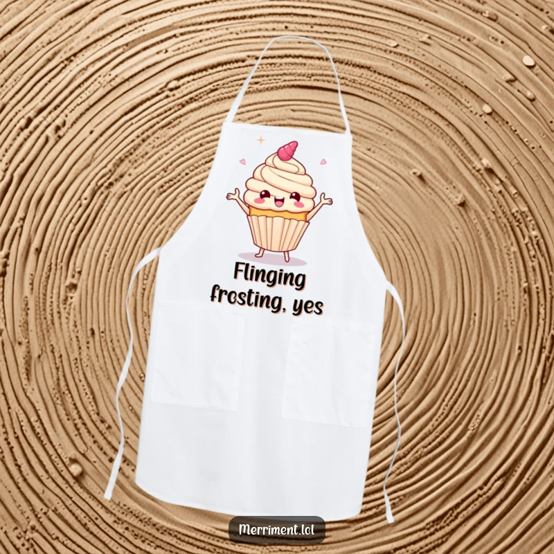 Funny apron featuring a giddy cupcake character in mid-jig, with frosting flying, bringing celebratory humor to kitchen duties.