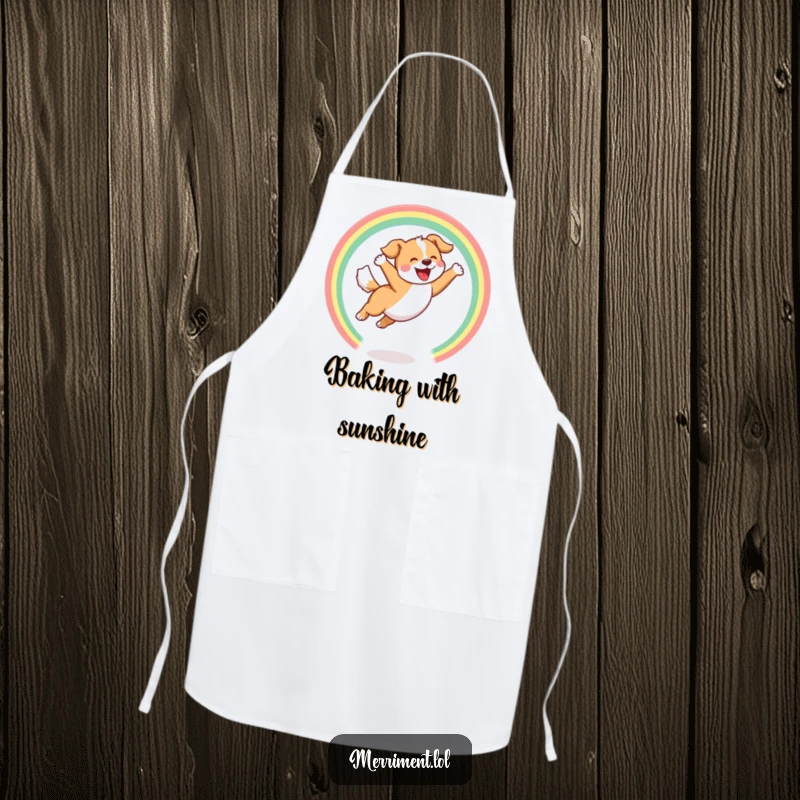 Funny Apron showing a joyful dog leaping through a hoop of rainbows with a happy bark, kitchen pet humor.