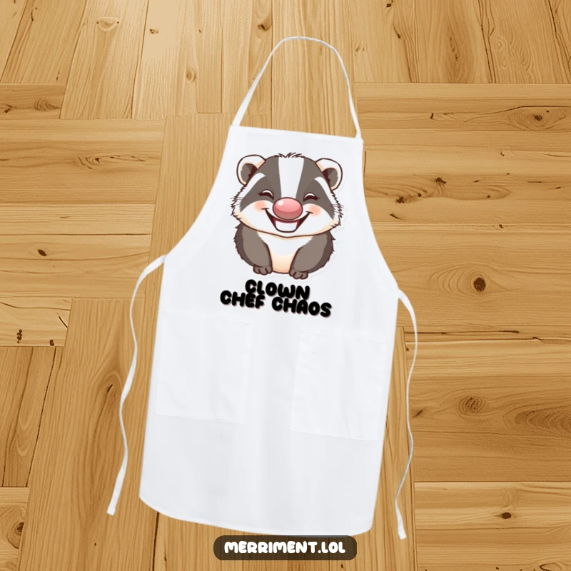 Funny badger wearing a clown nose and making a silly face, providing humorous protection for kitchen tasks.