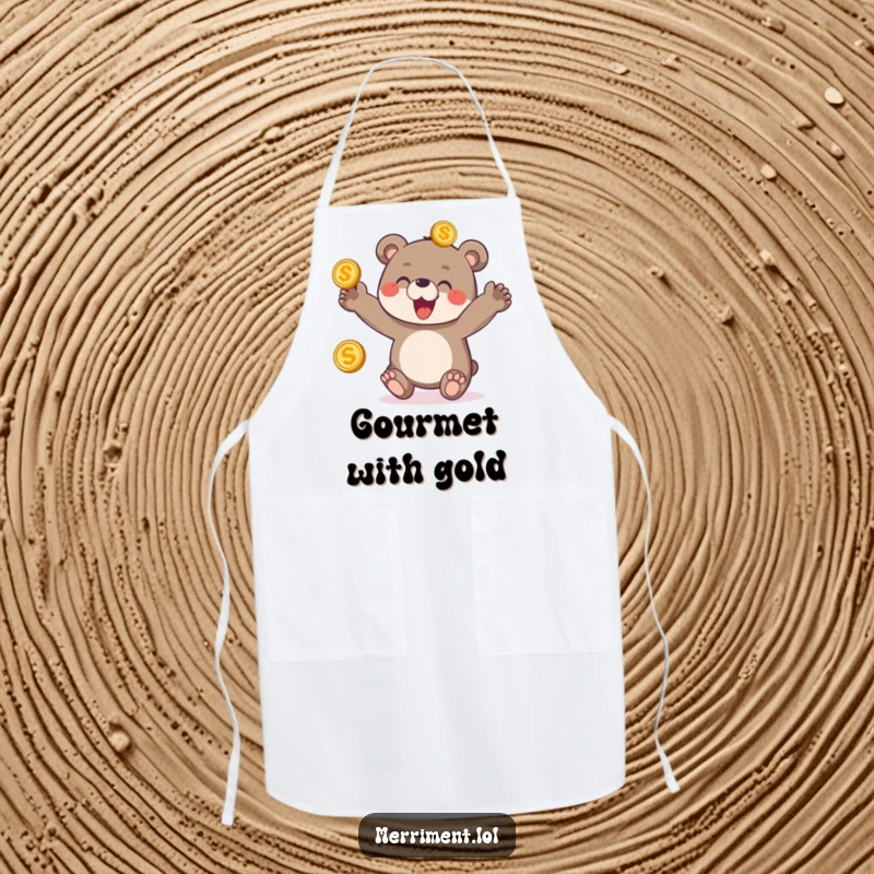 Funny apron depicting a delighted bear cub enthusiastically juggling three shiny golden coins, perfect for a cheerful kitchen.