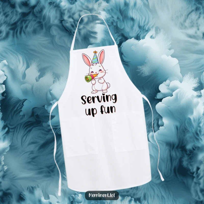 Funny apron with a cheerful bunny wearing a party hat, blowing a giant noisemaker, ideal for kitchen fun.