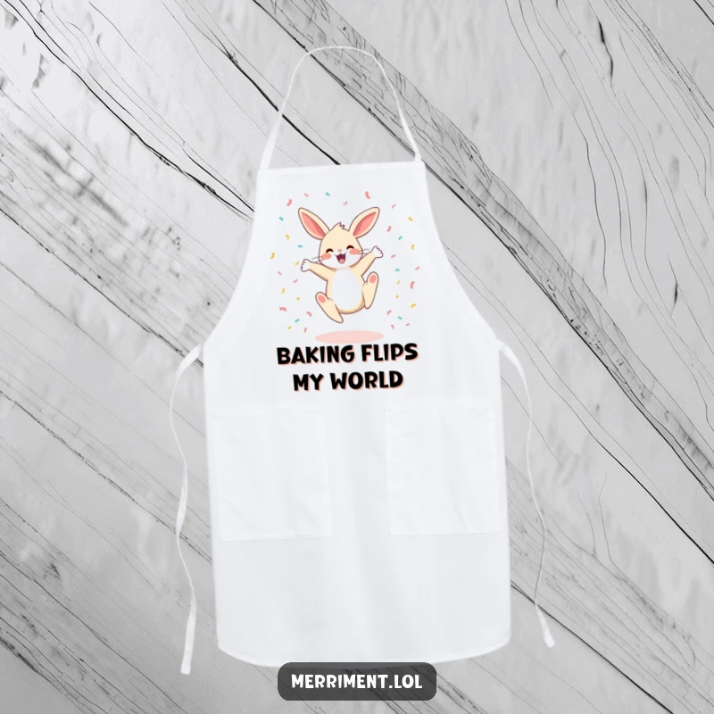 Funny apron with a happy bunny doing a cartwheel amid confetti, ideal for adding cheerful energy to kitchen tasks.