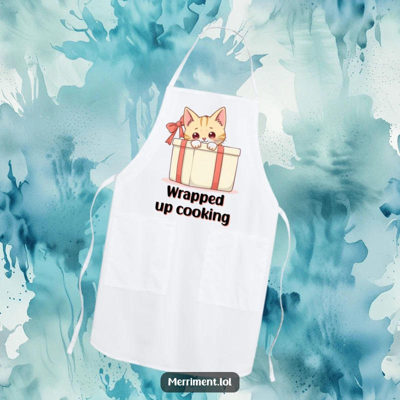 Funny cat peeking from behind a large gift box, a comical and practical apron for kitchen fun and protection.