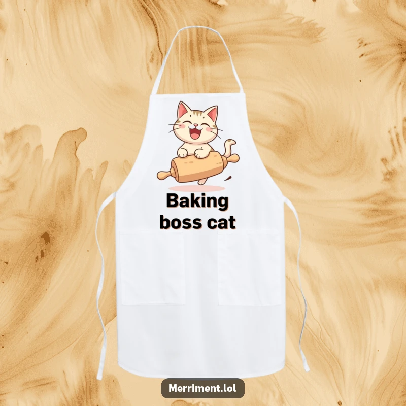 Funny Cat Apron, a cheerful cat with a wide grin, riding a rolling pin, ready for kitchen fun.