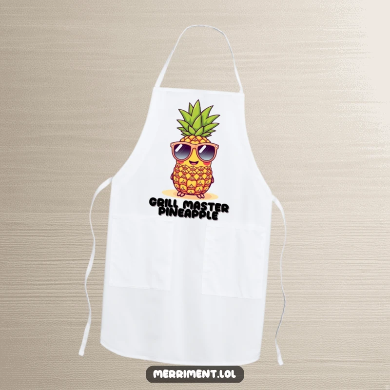 Funny cheerful pineapple apron wearing oversized sunglasses at a beach, a humorous and practical kitchen accessory.