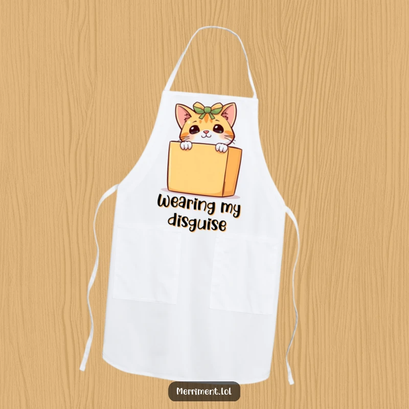 Funny curious cat apron, a sneaky kitten peeking from behind a large gift box, ideal for kitchen fun and cooking.