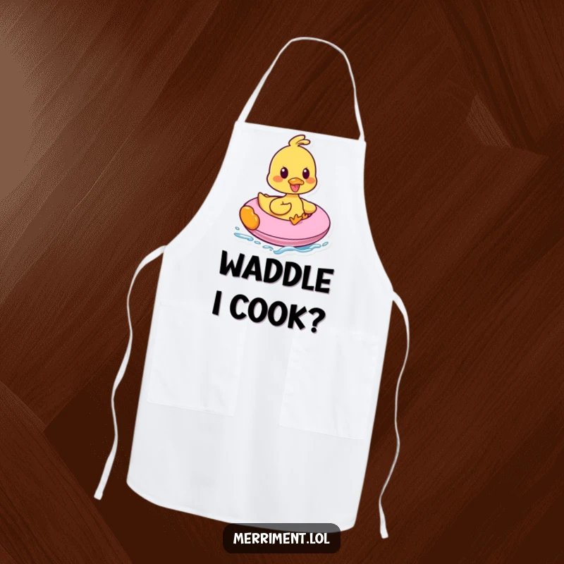 Funny apron designed with a happy duck quacking joyfully while riding a bouncy inflatable, adding humor to cooking and grilling.
