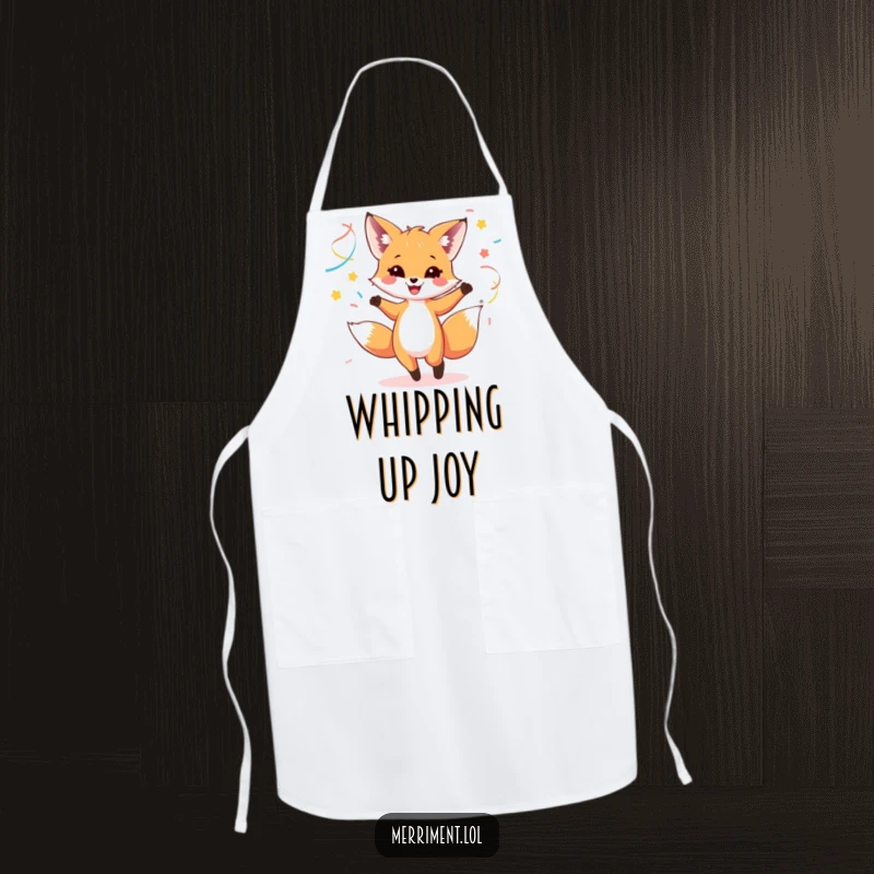 Funny kitchen apron with a happy fox cub dancing with colorful streamers, perfect for a fun cooking experience.