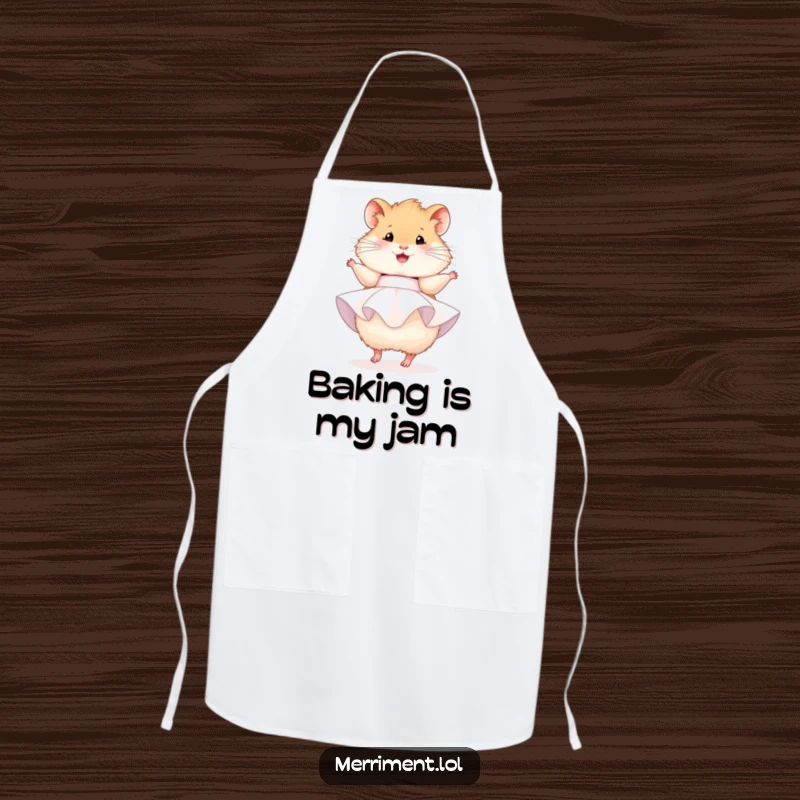 Funny hamster apron, a fluffy hamster dressed in a party dress, happily twirling, perfect for kitchen fun.