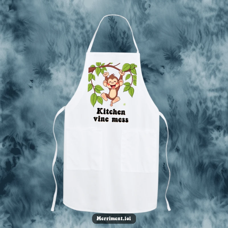 Funny monkey apron depicting a silly monkey character swinging wildly from a vine with a joyous whoop, a humorous addition to any kitchen.