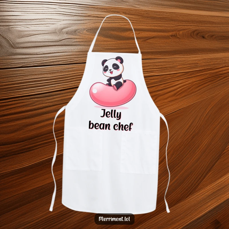 Funny Panda Apron: Chef's apron with a playful panda bouncing on a giant wobbling jelly bean, for kitchen laughs.