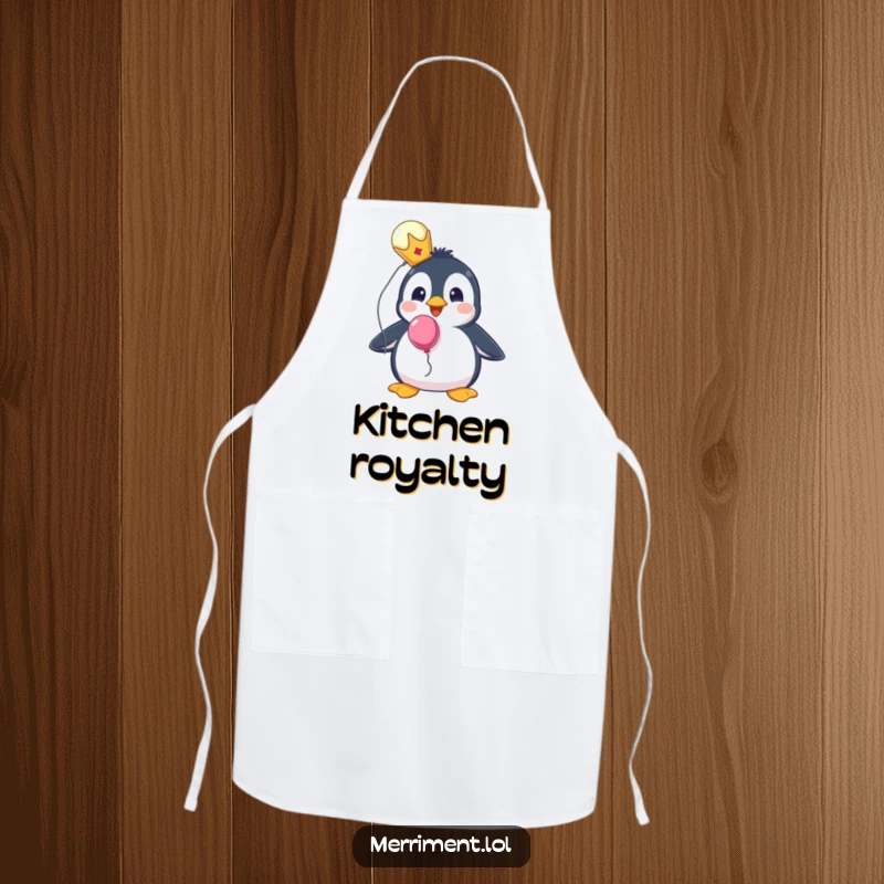 Funny kitchen apron with a surprised penguin wearing a tiny crown and holding a balloon, perfect for regal cooking.