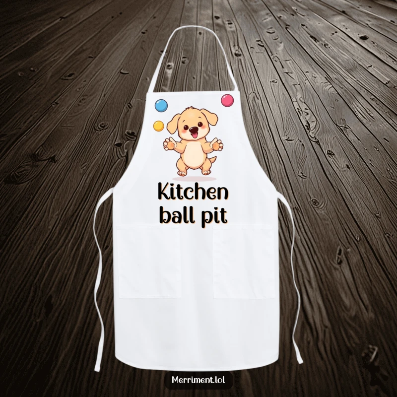 Funny apron graphic of a bouncing puppy juggling bright balls, bringing playful comedy to the kitchen.