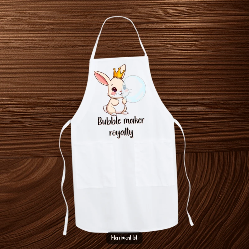 Funny Rabbit Apron: Chef's apron with a curious crowned rabbit comically blowing a giant bubble, for kitchen fun.