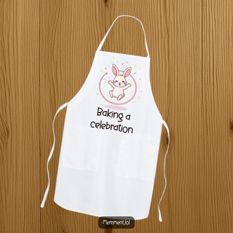 Funny apron showing a cheerful rabbit leaping through a hoop with confetti, adding a festive and protective element to cooking.