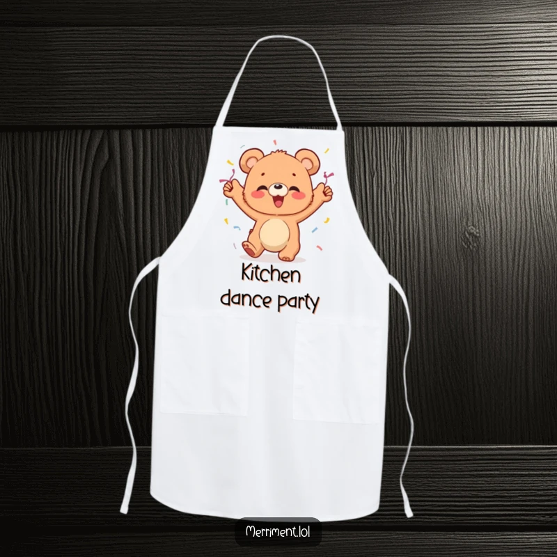 Funny apron showing a giggling bear cub wearing streamers and dancing with abandon, perfect for cheerful cooking.