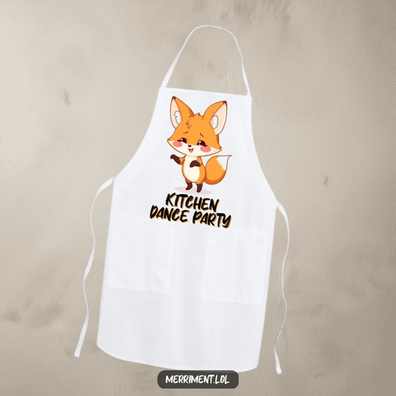 Smiling fox with giant floppy ears doing a silly dance on an apron, perfect for humorous and groovy kitchen sessions.
