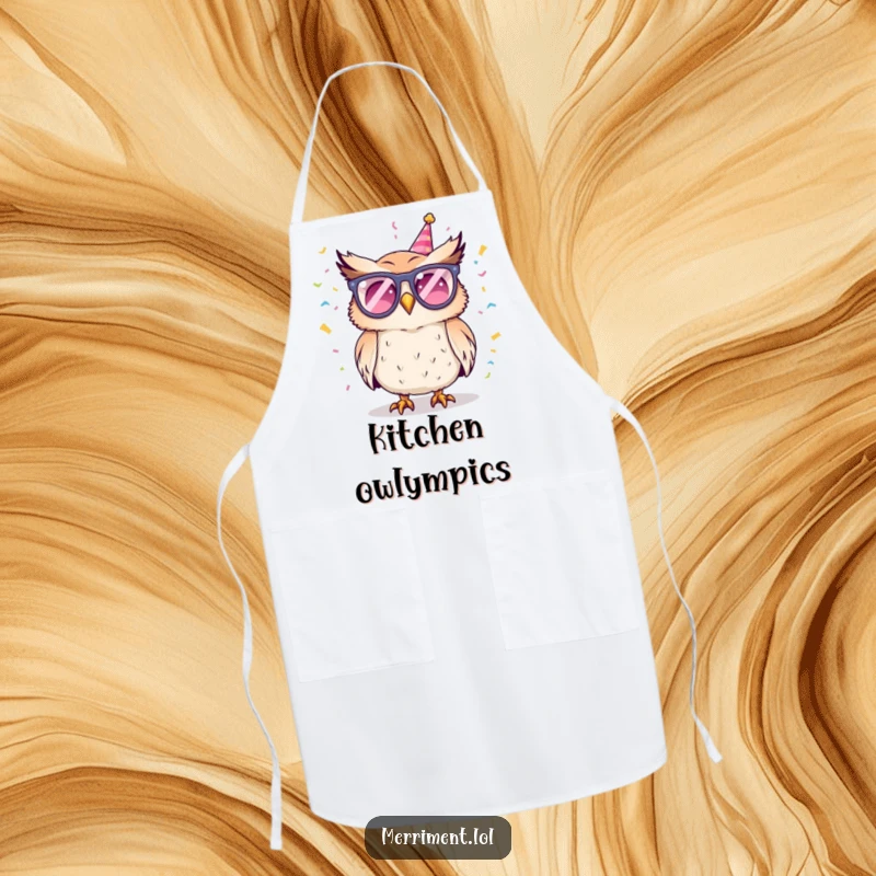 Funny apron showcasing a partying owl in glasses, showering confetti, ideal for adding humor to cooking and entertaining.