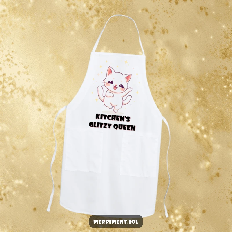 Funny cat apron with a radiant feline twirling amidst shimmering glitter, making kitchen tasks dazzling and humorous.