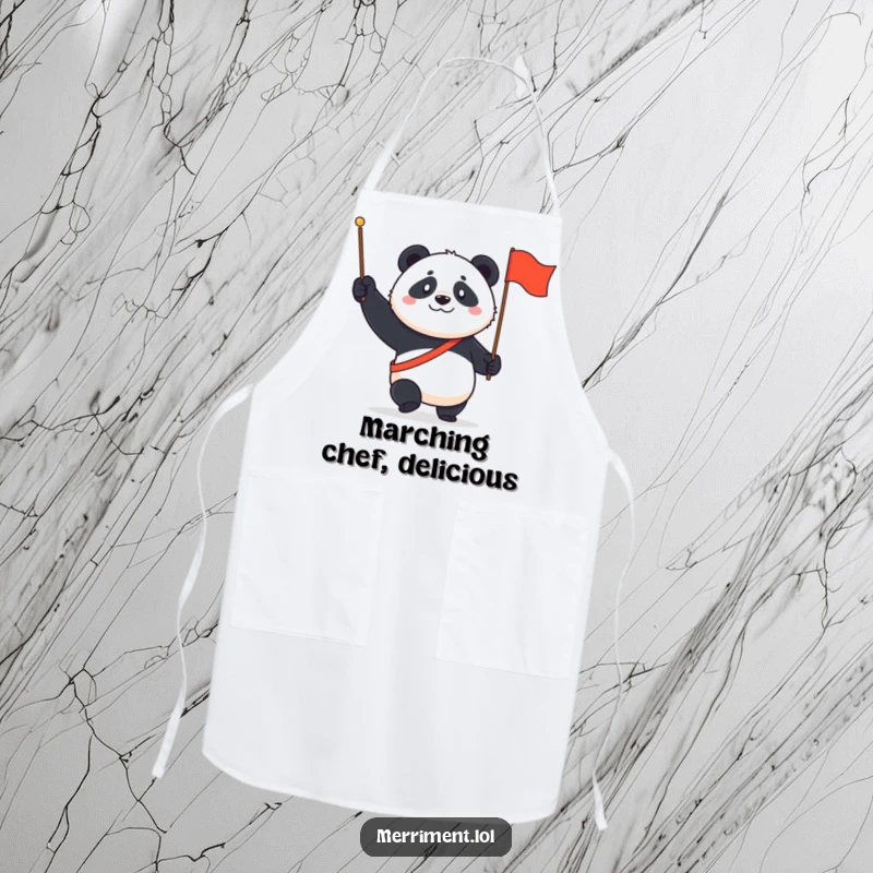 Funny Panda Apron: A determined panda marches with a tiny flag and a proud grin, ready for kitchen duty.