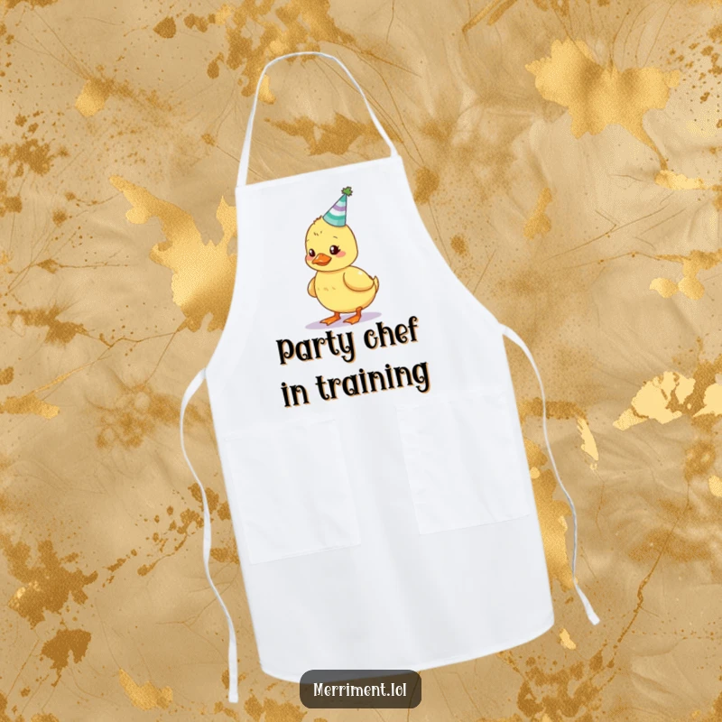 Funny duckling apron featuring a wobbly bird trying to balance a tiny, glowing party hat while cooking with humor.
