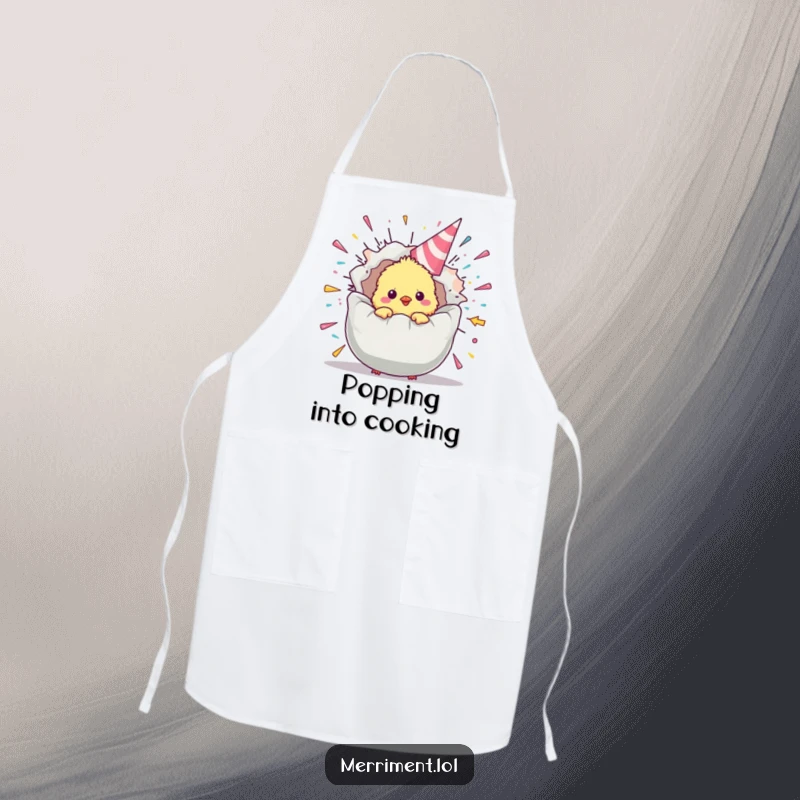 Funny chick apron showing a fluffy baby bird peeking from a giant, exploding party popper, a whimsical and functional kitchen accessory.