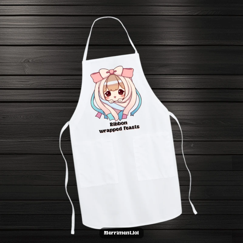 Funny Apron: A playful character peeks from behind ribbons. A fun and funny gift for chefs.