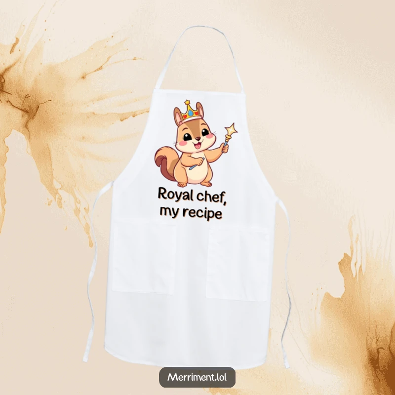 Funny apron showing a gleeful squirrel wearing a crown and holding a scepter, perfect for regal kitchen adventures.