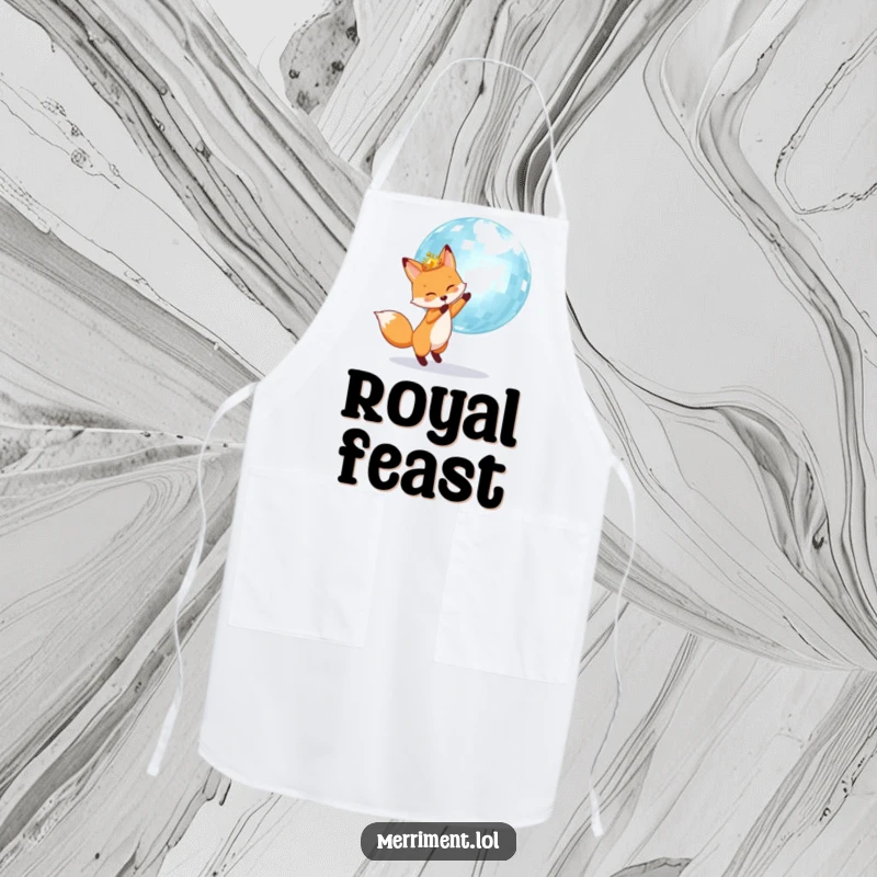 Fox wearing a crown joyfully bounces a giant shimmering disco ball, featured on a practical and humorous apron.