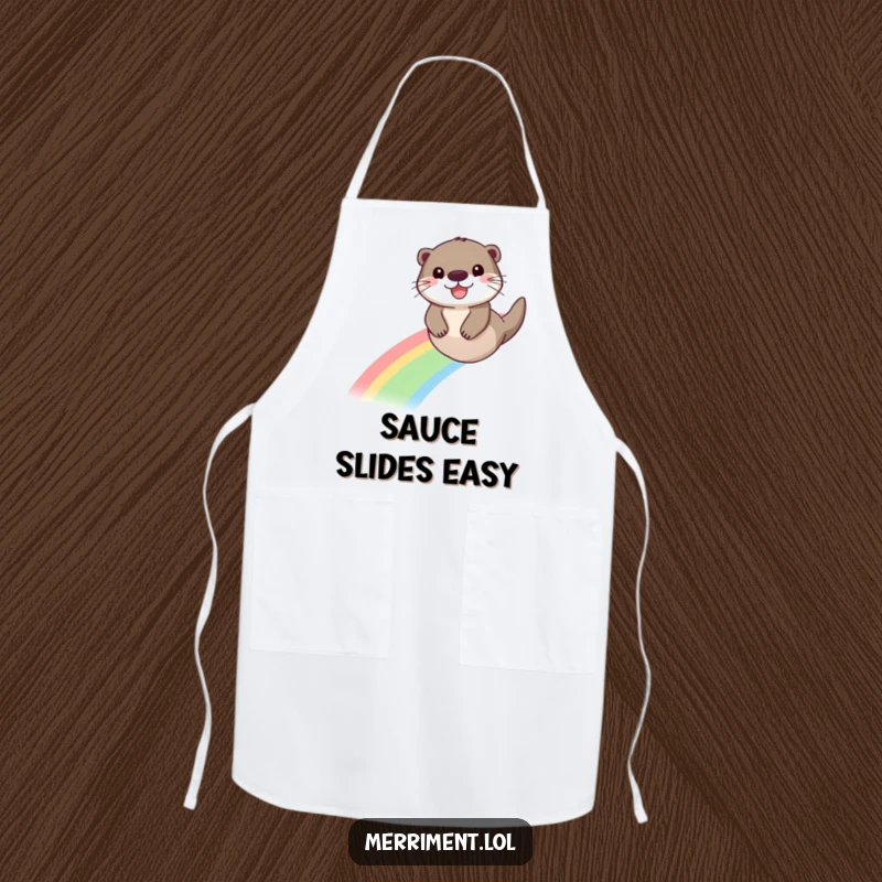 Funny apron showing a playful otter with a beaming face sliding down a vibrant rainbow, perfect for cheerful cooking.