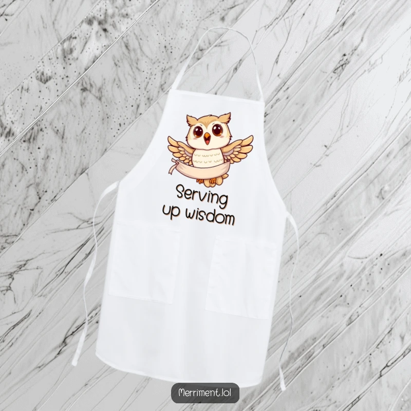 Funny owl apron, a joyful owl soaring with a banner, perfect for kitchen adventures and messages.