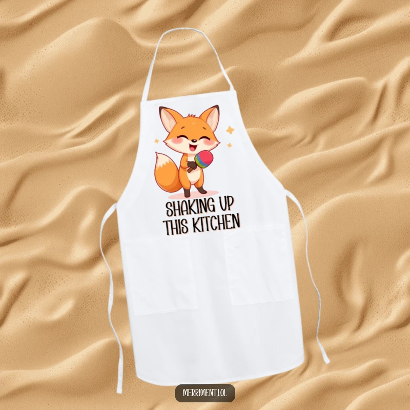 Funny apron depicting a giggling fox in a joyful dance, shaking maracas, designed for kitchen fun and protection.