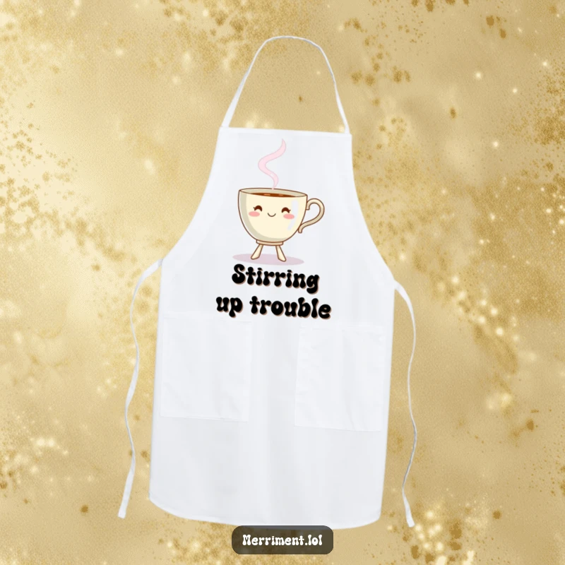Funny dancing teacup apron with steam forming a playful shape, a cheerful and humorous kitchen accessory.