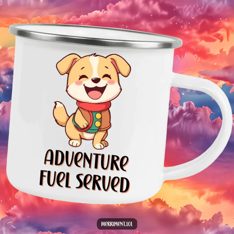 Funny camping mug of a happy dog in a festive vest, its tail wagging energetically, ready for adventure.