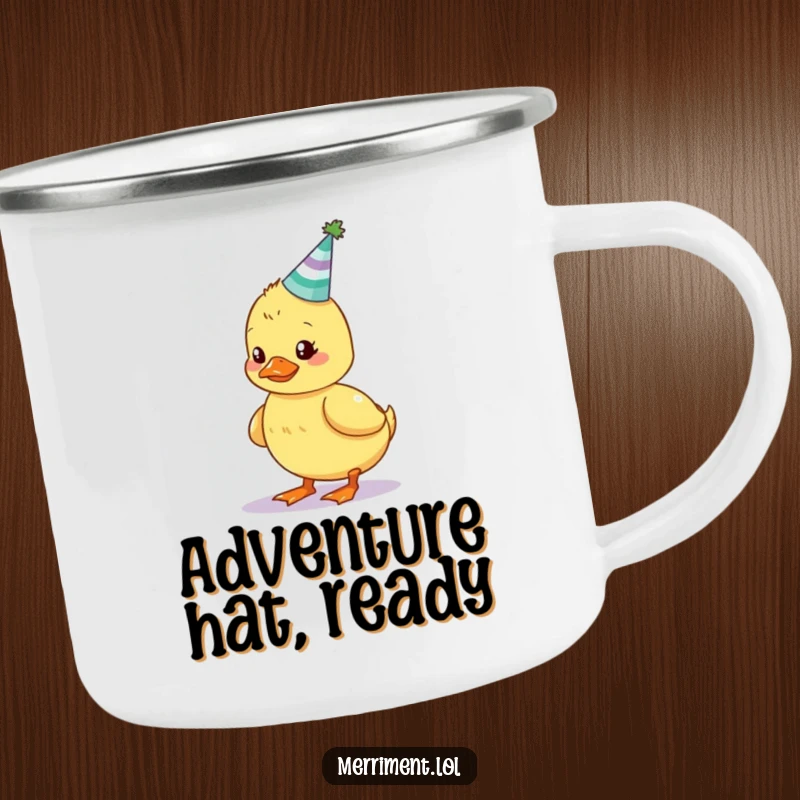 Funny wobbly duckling enamel camping mug, balancing a glowing party hat for hilarious outdoor sipping and merriment.