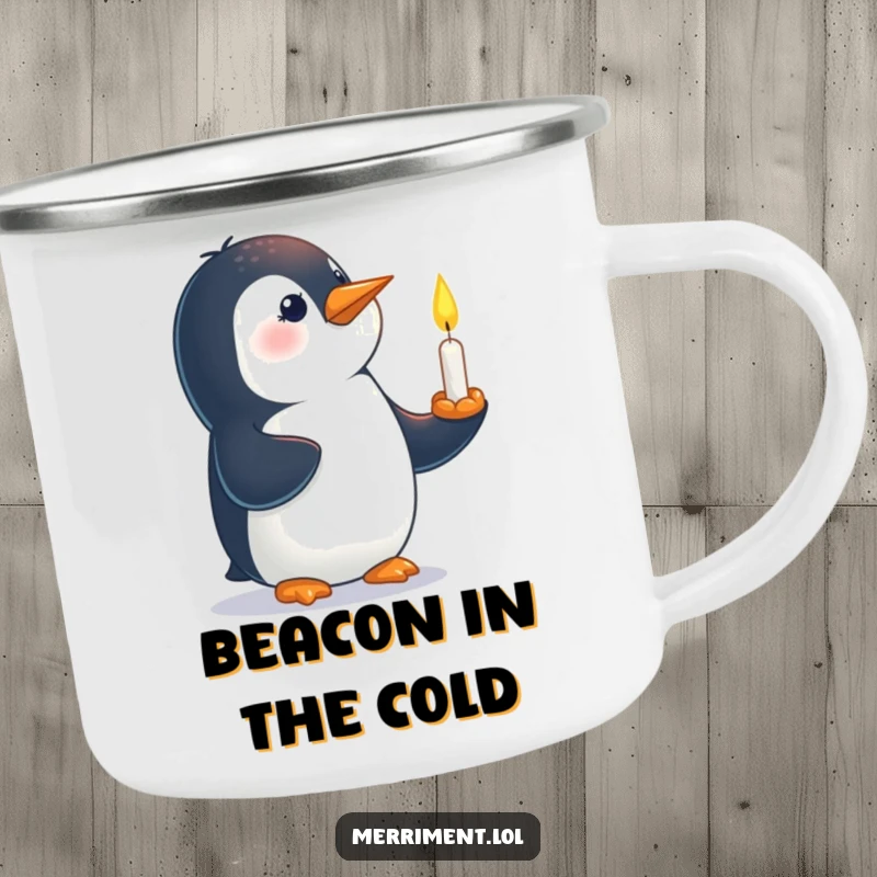 Funny enamel camping mug with a curious penguin balancing a lit candle on its beak in an outdoor setting.