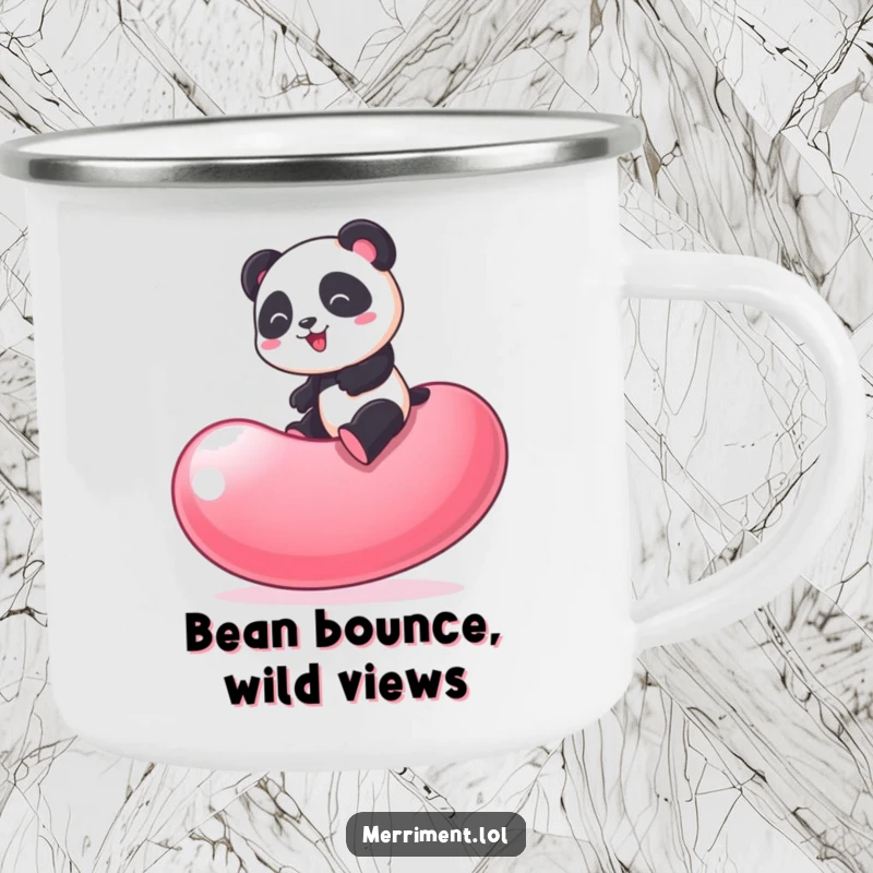 Funny Panda Camping Mug: Durable mug with a playful panda bouncing on a giant wobbling jelly bean, outdoor fun.
