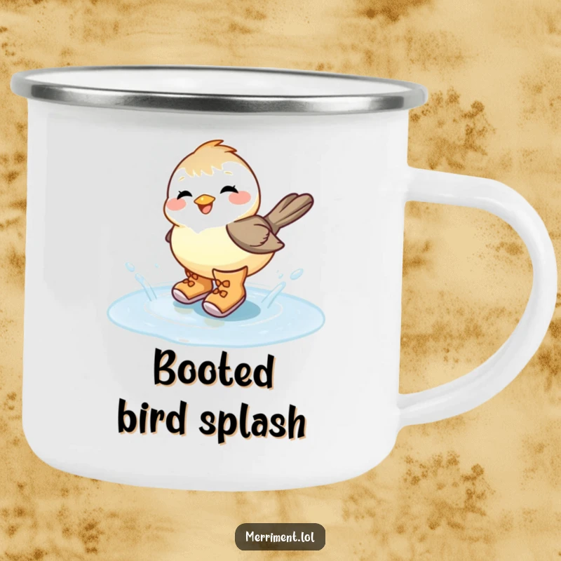 Funny chickadee in large boots, joyfully splashing in a puddle, perfect for humorous outdoor drinks and camping trips.
