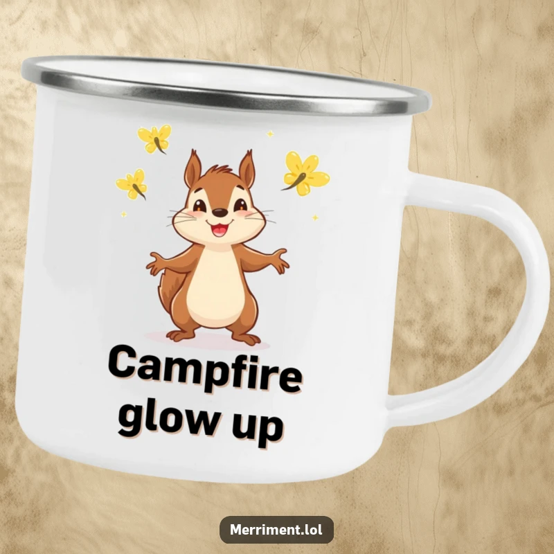 Funny enamel camping mug featuring a determined squirrel juggling three sparkling fireflies, perfect for rustic humor.