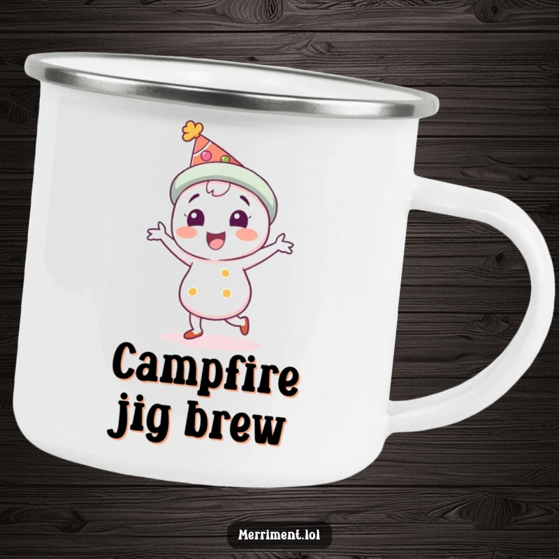Funny Camping Mug: A delighted character in a festive hat does a jig. Perfect for outdoor fun and a funny gift.