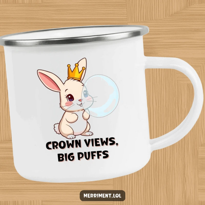 Funny Rabbit Camping Mug: Durable mug with a curious crowned rabbit comically blowing a giant bubble, outdoor fun.