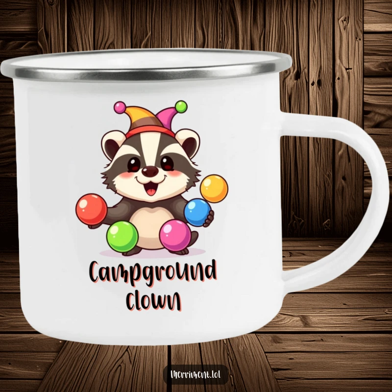 Happy badger wearing a jester hat juggles rainbow-colored balls with delight, on a rugged camping mug.