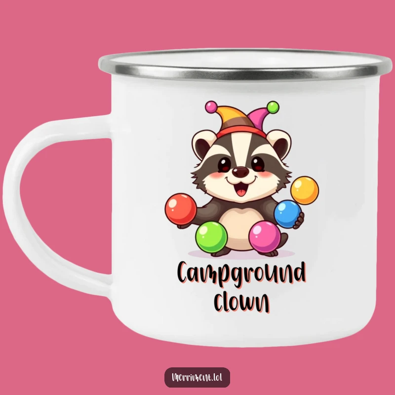 Funny Badger Jester Camping Mug: Adventure fuel with colorful humor!