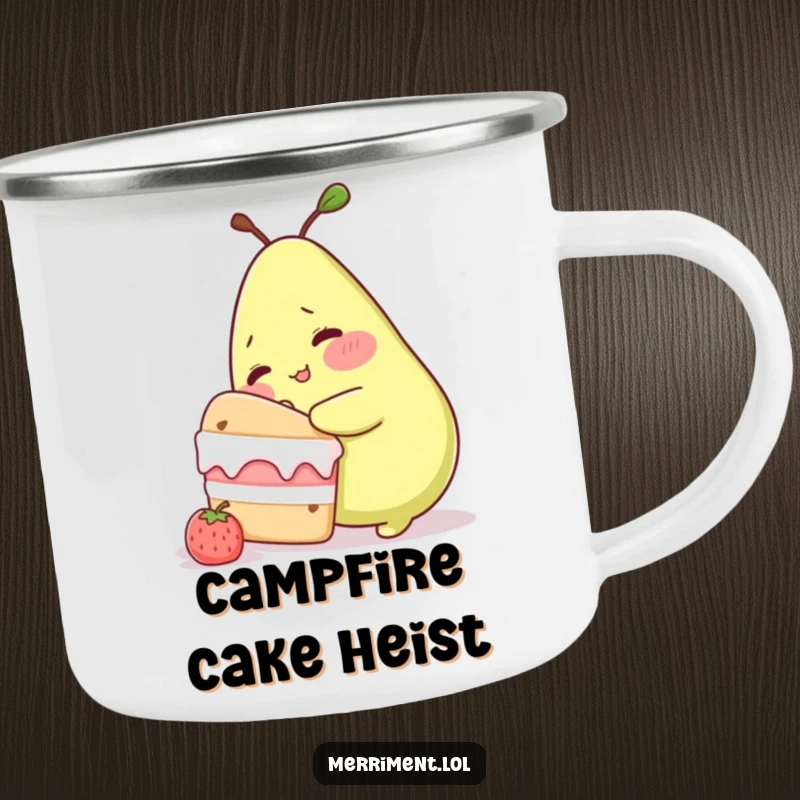 Funny camping mug showing a blushing pear character sneaking cake, perfect for cheerful outdoor moments and sweet cravings.