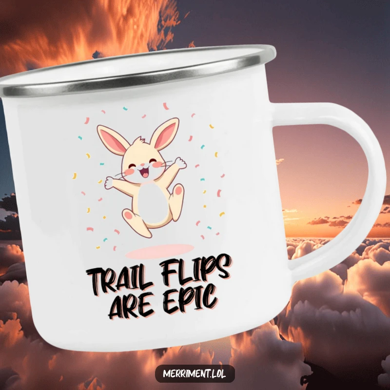 Funny camping mug with a happy bunny doing a cartwheel and confetti, perfect for adding cheer to outdoor activities.